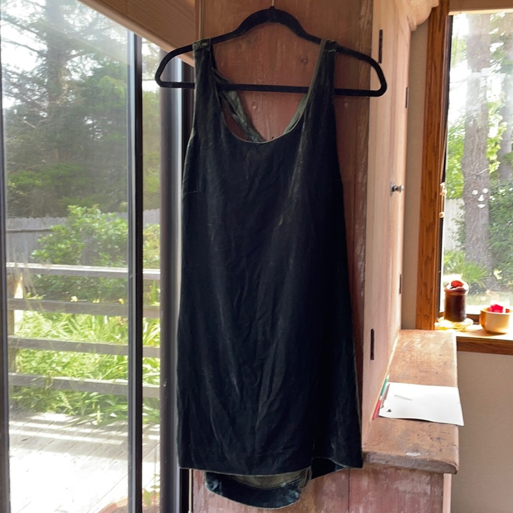 Nicole Miller olive Velvet mini dress with cross cross silk back straps. Vintage